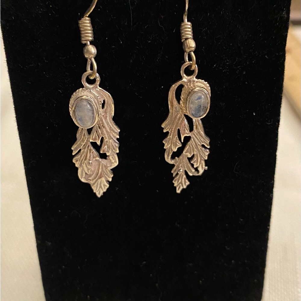 Elegant Silver Plated Leaf Earrings With Moonstone - Picture 2 of 4